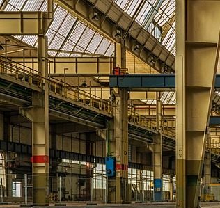 Industrial Construction Interior view of industrial plant showing steel columns and glass skylights